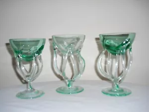3 Delicate Green Hand Blown Art Glass Goblets - Swirl Green Base - Multi-Stem - Picture 1 of 5