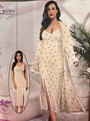 Women's Lingerie Egyptian Cotton 2PC Robe&Gown Peignoir Sleepwear size fit S/M/L - Image 1 of 4