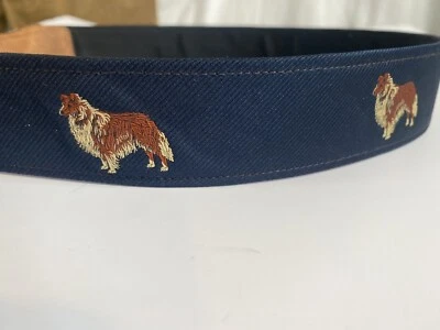 Vintage Men's Handmade Embroidered Collie Navy Blue Silk & Leather Belt 36-40 - Image 1 of 4