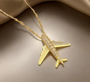 Aircraft Airplane Jet Aviation Pilot Travel Gold Diamond Pendant Necklace - Picture 1 of 7