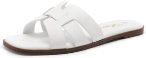 Women's Flat Sandals Dressy Summer Square Open Toe Slip On Leather Slide Sandals - Picture 1 of 31