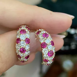 3 Ct Round Cut Simulated Red Ruby Hoop Earrings 14k Yellow Gold Plated Silver - Picture 1 of 4