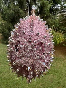 Push Pin Easter Handmade Vintage Ornament Rhinestone Silk Pink Glass Beads LG - Picture 1 of 9
