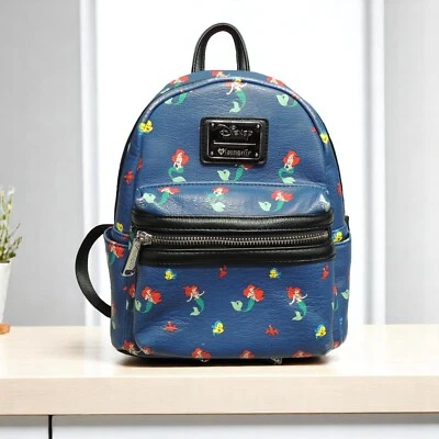 Loungefly Disney Little Mermaid Ariel Flounder Sebastian AOP Mini Backpack Blue - Image 1 of 4