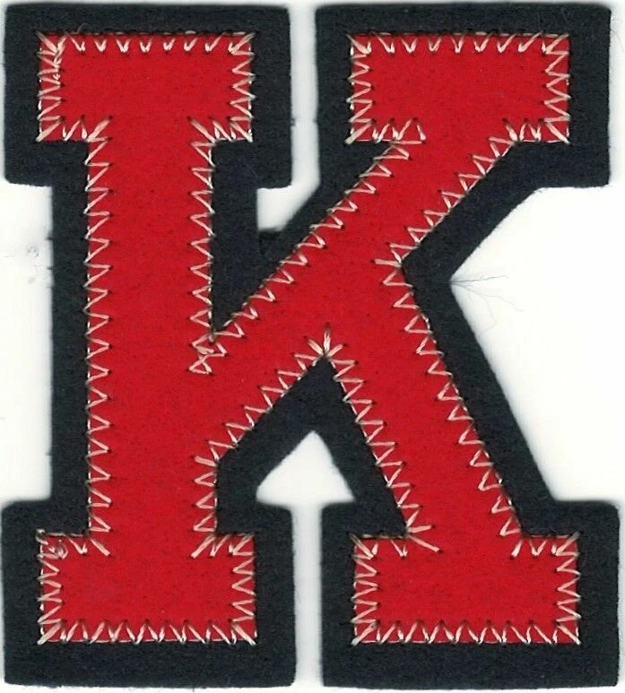 Red Felt Letter K Patch (2 1/2" in) Varsity Iron-On Applique Navy Blue Border - Image 1 of 1