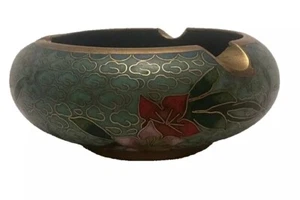 Vintage Blue Green Gold Floral Cloisonne Enamel Ashtray Trinket Dish *DETAILS* - Picture 1 of 7