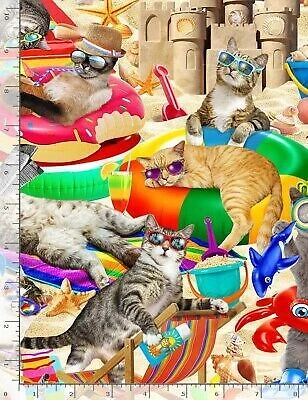 Animal Fabric | Timeless Treasures Cats Chilling Beach Toy Sand Multi | Yard - Image 1 of 1