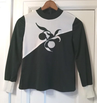 Camisa De Colección Años 60 70 Modernista Bloques de Color Op Art Verde Blanco Cerezas Tejida Mod Top Foto 1 de 4