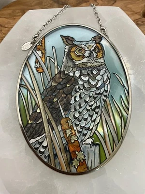 Amia Stained Glass Owl Suncatcher Window Hanging Hand Painted Oval - Image 1 of 4