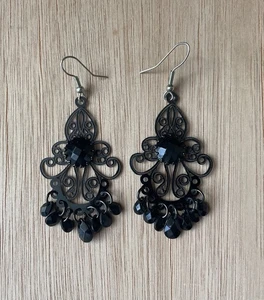 Black Victorian-style Filigree Chandelier Earrings Statement Boho Gothic Costume - Picture 1 of 4