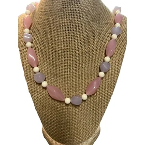 Vintage 80s Acrylic Bead Necklace Pastel Pink Purple White Spring Clasp 28" - Picture 1 of 5
