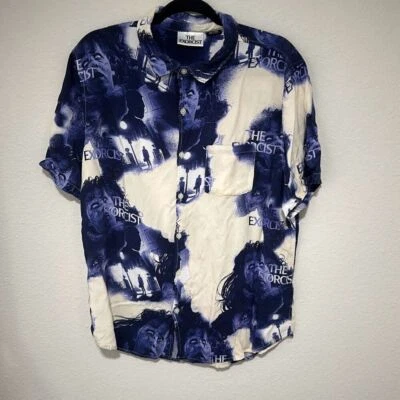 Camisa de algodón para hombre El Exorcista azul blanco cuello manga corta abotonada Foto 1 de 4