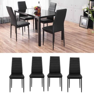 BLACK STUNNING GLASS DINING TABLE SET AND 4 FAUX LEATHER CHAIRS FOR HOME KITCHEN - Picture 1 of 19