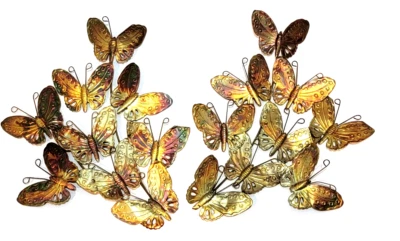 Pair Vintage MCM Stamped Brass Flock of Butterflies Wall Art Iridescent Patina - Image 1 of 4