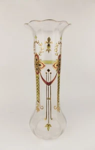 Antique 1910s Art Nouveau Glass Satin Gilded Vase w Flowers & Garlands Bohemia - Picture 1 of 10