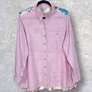 John Mark Garden Party Button Top Pink Gingham Check Embroidered Floral Medium - Picture 1 of 10