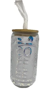 Coffee 16oz Libby Glass, Beer Glass, W/bamboo lid and straw, - Picture 1 of 8
