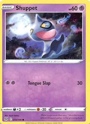 Shuppet 072/196 SWSH11: Lost Origin Pokemon 002628 - Image 1 of 2
