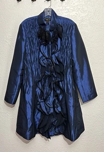 Jerry T Ruffle Jacket L Navy Blue Shiny Formal Evening Party Coat Opera Glam - Picture 1 of 6