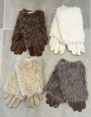 Ladies Shaggy Faux Fur And Suedette Lined Plain Gloves With Touch Screen Finger - Image 1 of 4