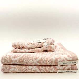 Bianca 100% Cotton 2 Bath & 2 Tip Towel Set of 4P Pink & White Portugal Made - Picture 1 of 11