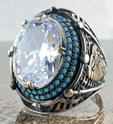 Anillo otomano de plata hecho a mano natural con piedras preciosas de circonita anillo con garra de águila Foto 1 de 4