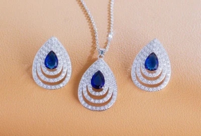 3 Ct Pear Cut Simulated Sapphire Fancy Wedding Jewelry Set 14K White Gold Plated - Image 1 of 4