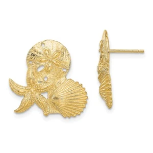 18.45mm 14K Yellow Gold Sand Dollar, Starfish, ,Scallop Cluster Post Earrings - Picture 1 of 4