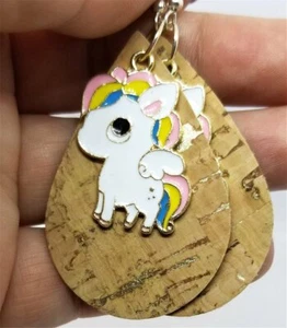 Cork with Gold Flecks Tear Drop Shaped Cork Earrings with Large Unicorn Charms - Picture 1 of 5