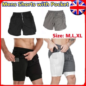 Men's 2 in 1 Sports Running Shorts Gym Training Fitness Bottoms With Pocket M XL - Picture 1 of 16