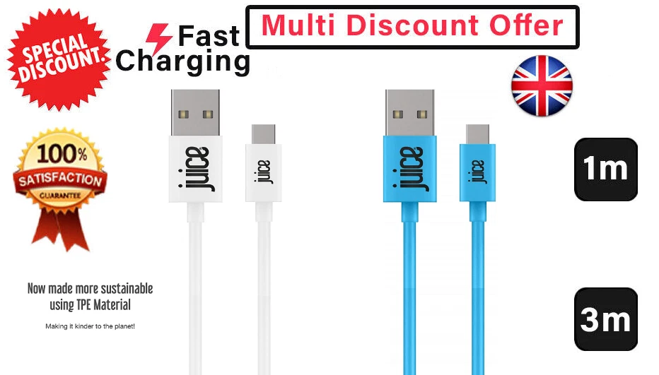 JUICE USB Type C 1M & 3M Charger and Sync Cable for Samsung Galaxy S20, S10, S9 - Image 1 of 1