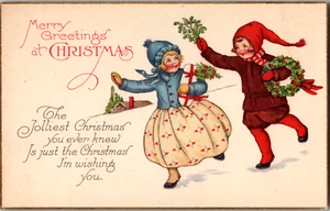 Christmas Vintage Postcard 1920s Girls Running Snowy Hill Wreath Unposted 1681 A - Picture 1 of 4