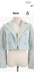 LoveShackFancy NWT Carterio Cropped Blazer Size 2 Shimmering Dust Blue w/ Pearls - Picture 1 of 8
