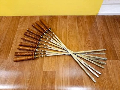 SET 10 PCS SKEWERS WITH WOODEN HANDLE 28.7IN STAINLESS STEEL BBQ GRILLING - Image 1 of 4
