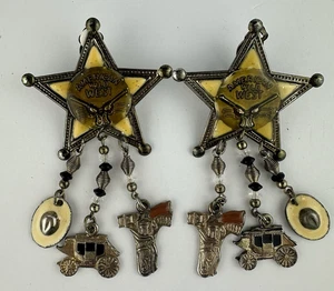 Orecchini Vintage American Wild West Cowgirl Clip-on Southwestern Rodeo Metallo 3,5" - Foto 1 di 8