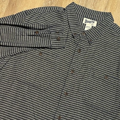 Duluth Trading Co 3XL 高宽松版型海军蓝条纹纽扣法兰绒衬衫二手状况完好 — 第 1/4 张图片