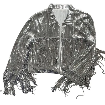 Серебряный блестками бахрома с воротником открытый передняя куртка блестящий глэм рок вечеринки Clubwear - Изображение 1 из 4