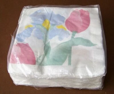 48 Vintage Floral Party Napkins, Blue Iris, Pink Tulip, Beverage, E X Kalla 1988 - Image 1 of 3