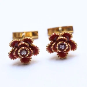 92.5 Sterling Silver Red Enamel Cubic Zircon Flower Best Gift For Cufflinks - Picture 1 of 4