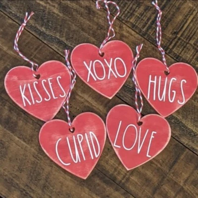 Set of 5 Farmhouse Rustic Valentine Heart Ornaments Red Love Hugs Xoxo Wood Tags - Image 1 of 4
