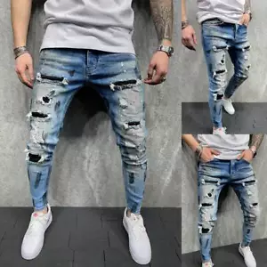 Mens Ripped Skinny Jeans Trousers Stretch Slim Fit Distressed Denim Long Pants - Picture 1 of 18