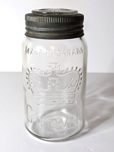 Antique 1934 CROWN Glass Pint Mason Jar w/ Zinc Lid Made in Canada