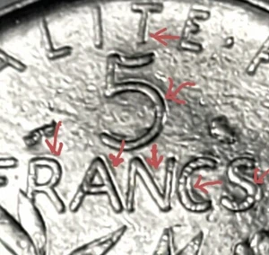 ET- 1974 France 5 Francsq Coin Brilliant uncirculated Error Doubling on Reverse - Picture 1 of 4