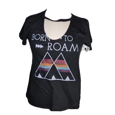 Mossimo Mujeres XS Negro Born To Roam Camiseta Ojo de Cerradura Cuello en V Camiseta Gráfica Camiseta Top Foto 1 de 4