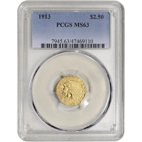 1913 D US Gold $2.50 Indian Head Quarter Eagle - PCGS MS63 Cover