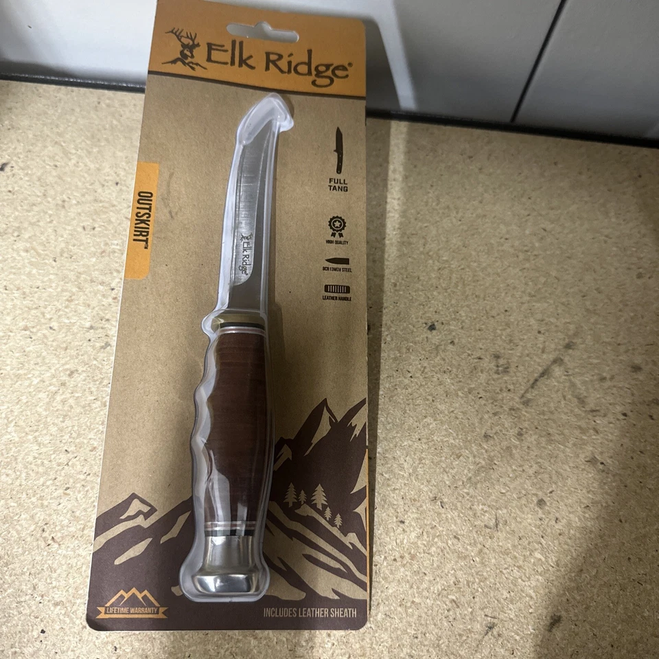 Cuchillo de hoja fija Elk Ridge Outskirt cuero apilado marrón 8Cr13MoV 20030LBR Foto 1 de 1
