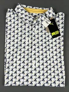 Puma Golf Shirt Polo Mattr Palms Print Medium White Navy Blue Polyester MSRP $80 - Picture 1 of 7