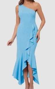 Xscape Women's Blue Scuba Ruffled One-Shoulder Gown Dress Size 14 - Picture 1 of 2