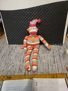 Sock Monkey Plush Bright color Rainbow Knit Beanie Bottom Preowned 50cm Washable - Picture 1 of 8