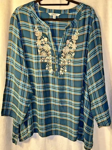 Blusa túnica a cuadros The Pioneer Woman bordada cuello en V 2x 20-22W azul verde - Imagen 1 de 7